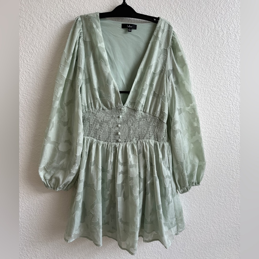 Lulu's Mint Green Long Sleeve Smock Waist Mini Dress - Picture 6 of 15